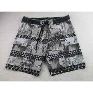 DaHui Shorts Mens 38 Black Gray Photo Print Boardshorts Surf Swim Drawstring